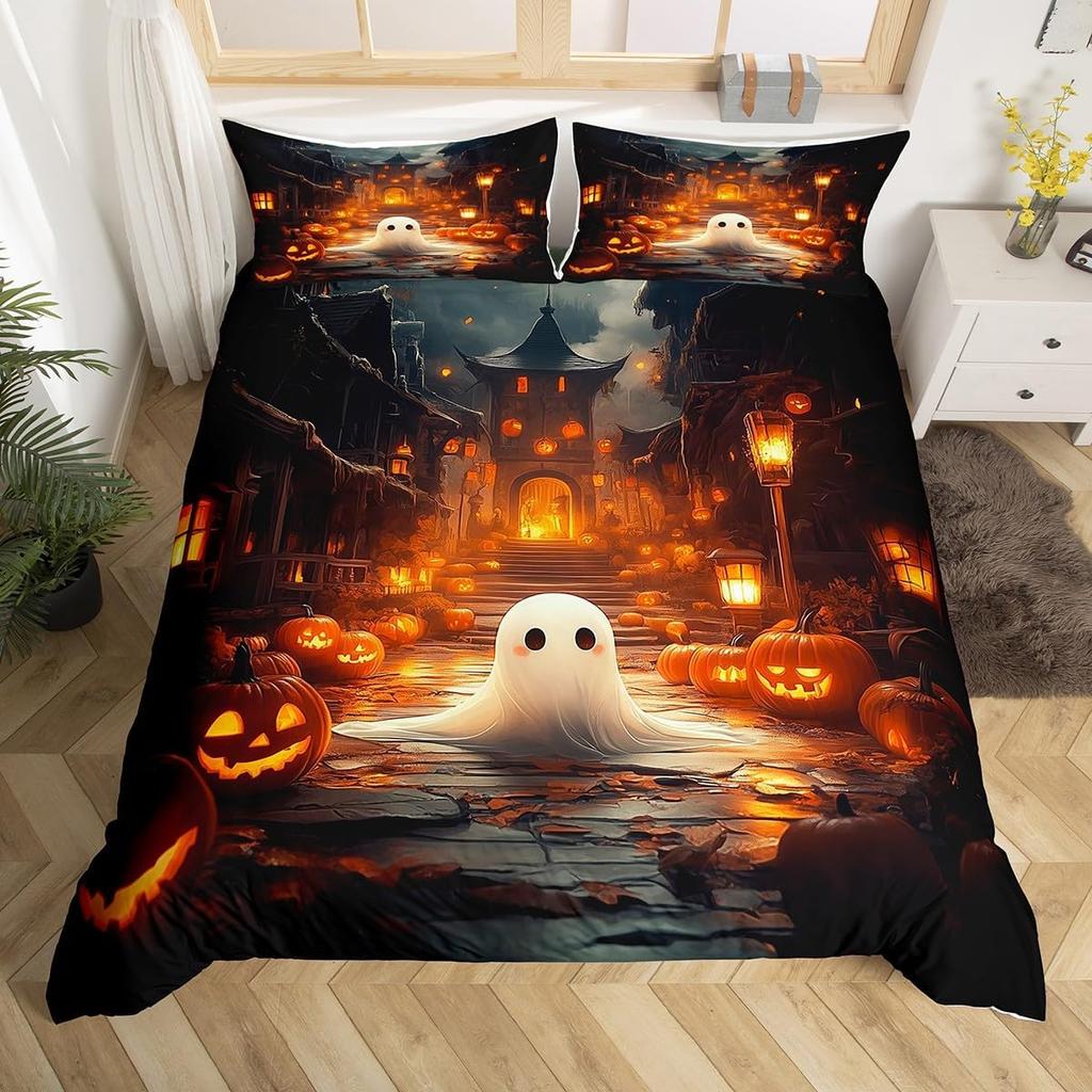 Cute Floral Ghost Duvet Cover Twin King For Boys Girls Room Decor Halloween Theme Bedding Set Boho Flower Print Comforter Cover