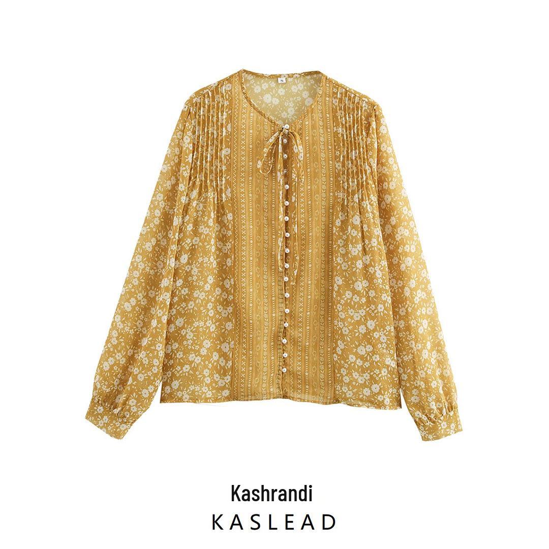 

2024 Winter Women s European & American Style Chiffon Tie Long Sleeve Shirt XS жёлтый