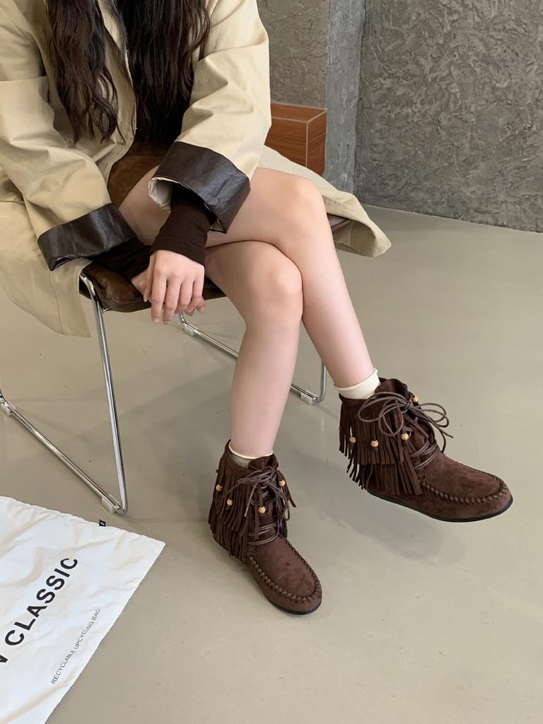 2025 autumn new retro strap fringed boots bosmian flat bottom short boots women
