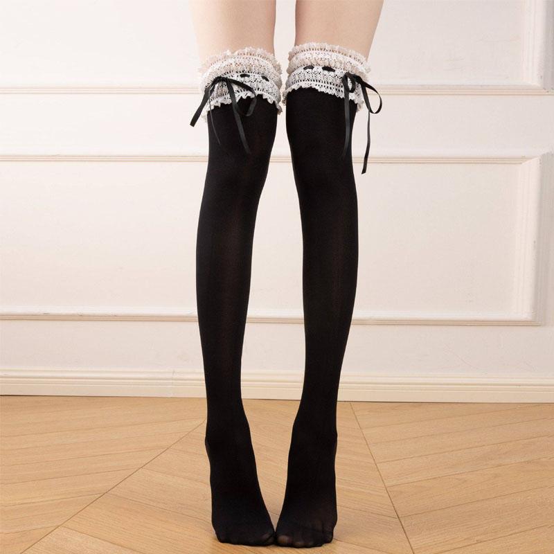 

Nylon Lace Knee High Socks Bow Knot Stockings One size чёрный