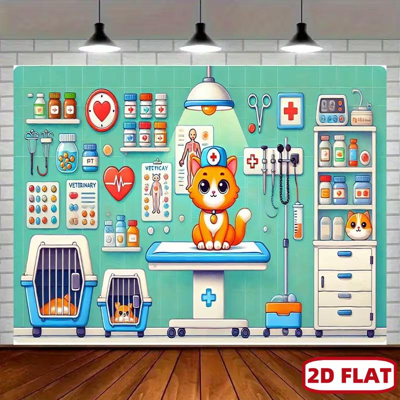 

2D Гобелен Ветеринарная Клиника Кошка, Милый Мультяшный Ветеринарный Настенный Декор Фон 47.2x31.5inch/120*80cm