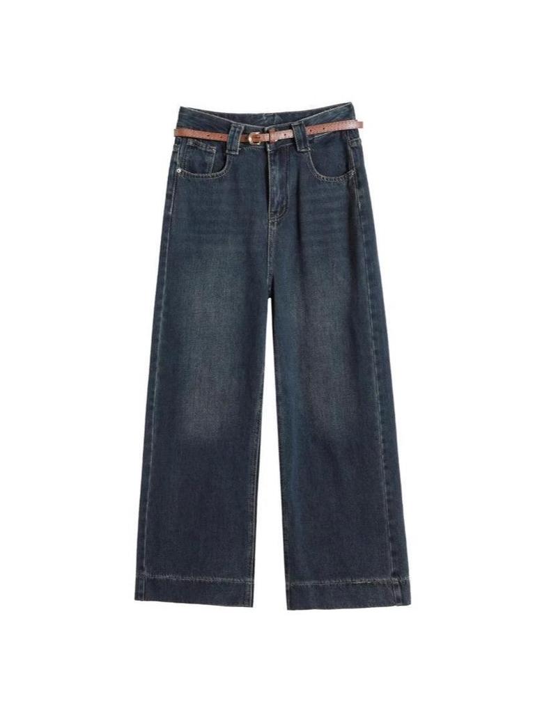 Retro Blue Women's Wide Leg Jeans - Petite, Nine-Point, Loose Fit, Straight Leg for Spring/Summer