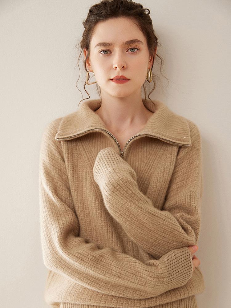 Women's High Neck Pure Cashmere Sweater, Half Zip, Loose Fit, Thickened Knit for Autumn/Winter Fashion.