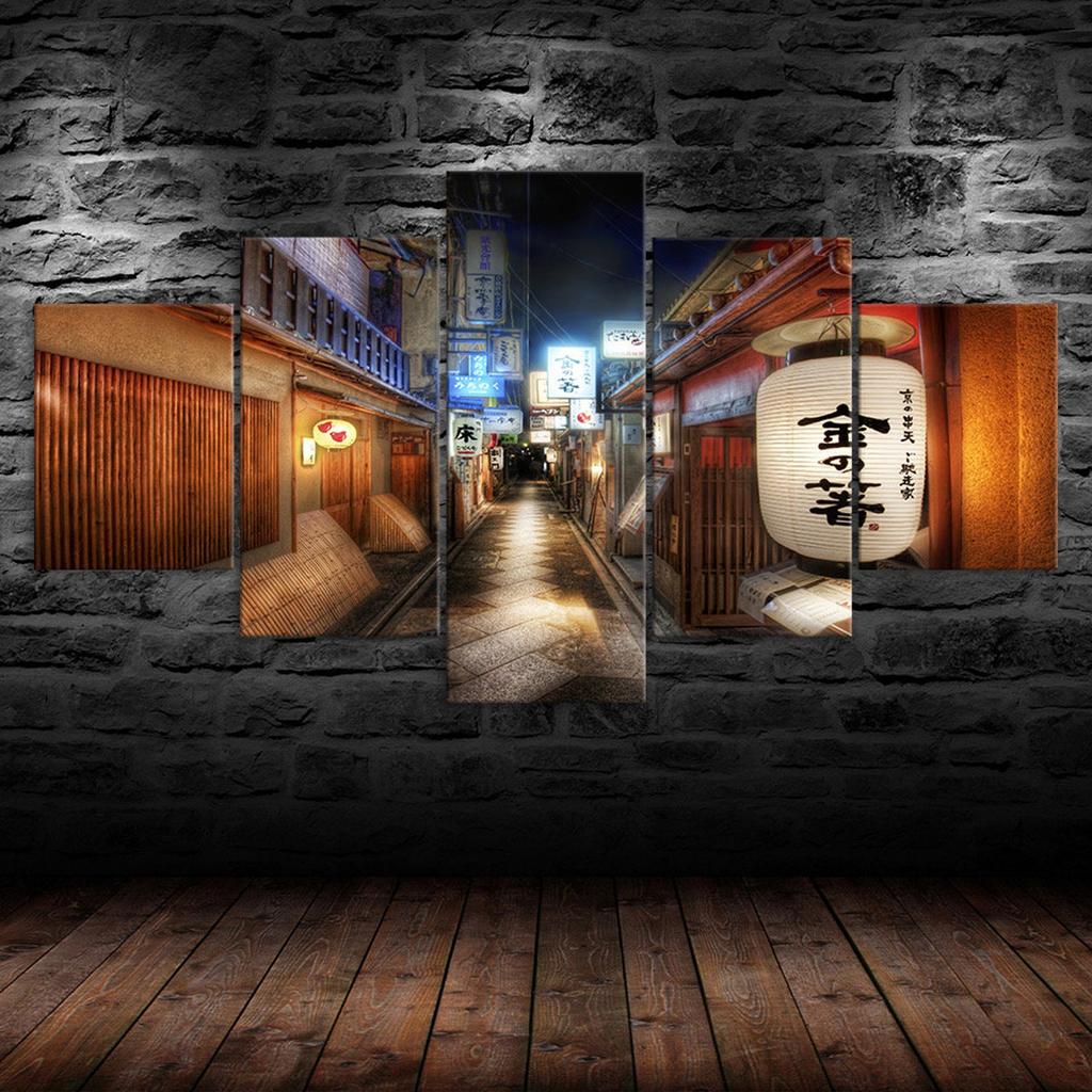 Japan Street Night Scene 5 Piece Five Panel Wall Canvas Print Modern Art Poster Picture Home Decor Gift For Him For Her