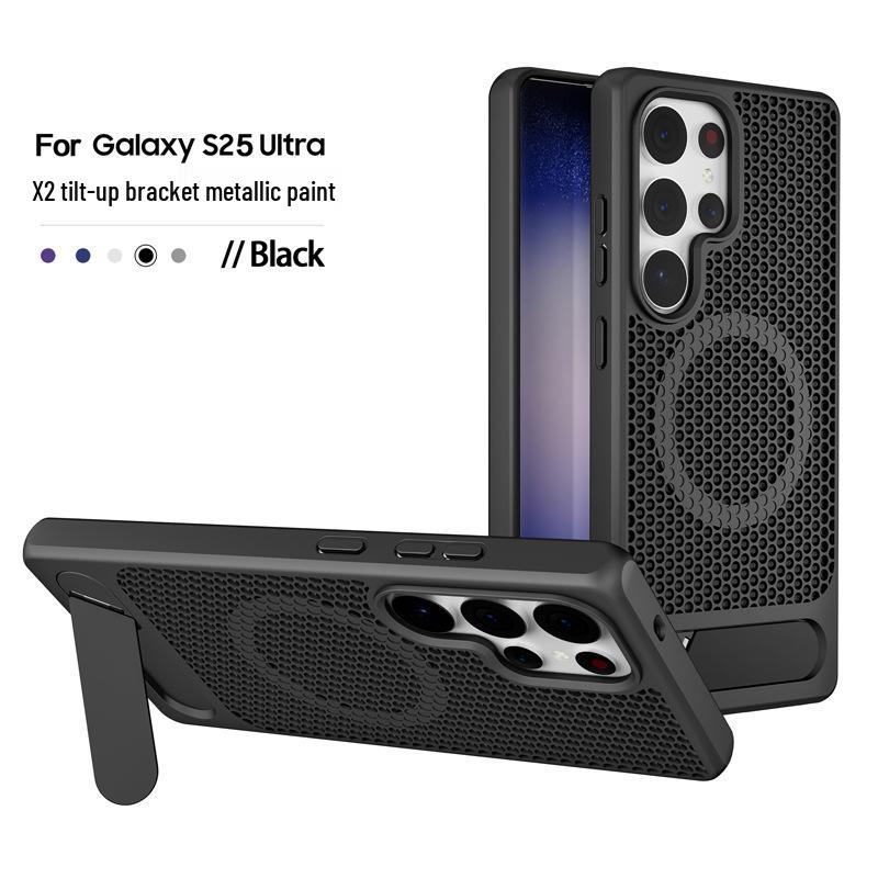 

Кросс-платформенный чехол-книжка для Samsung S24/S25 Ultra с магнитной металлической подставкой и сотовой структурой для теплоотвода Standard 2025 чёрный