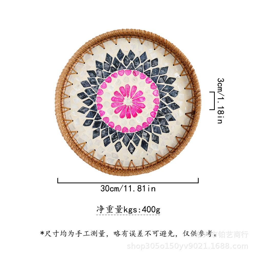 Color Shell Jewelry Cosmetics Food Teacup Storage Trays Handmade Rattan Fruit Dessert Bread Pans Round Rattan Decoration Trays