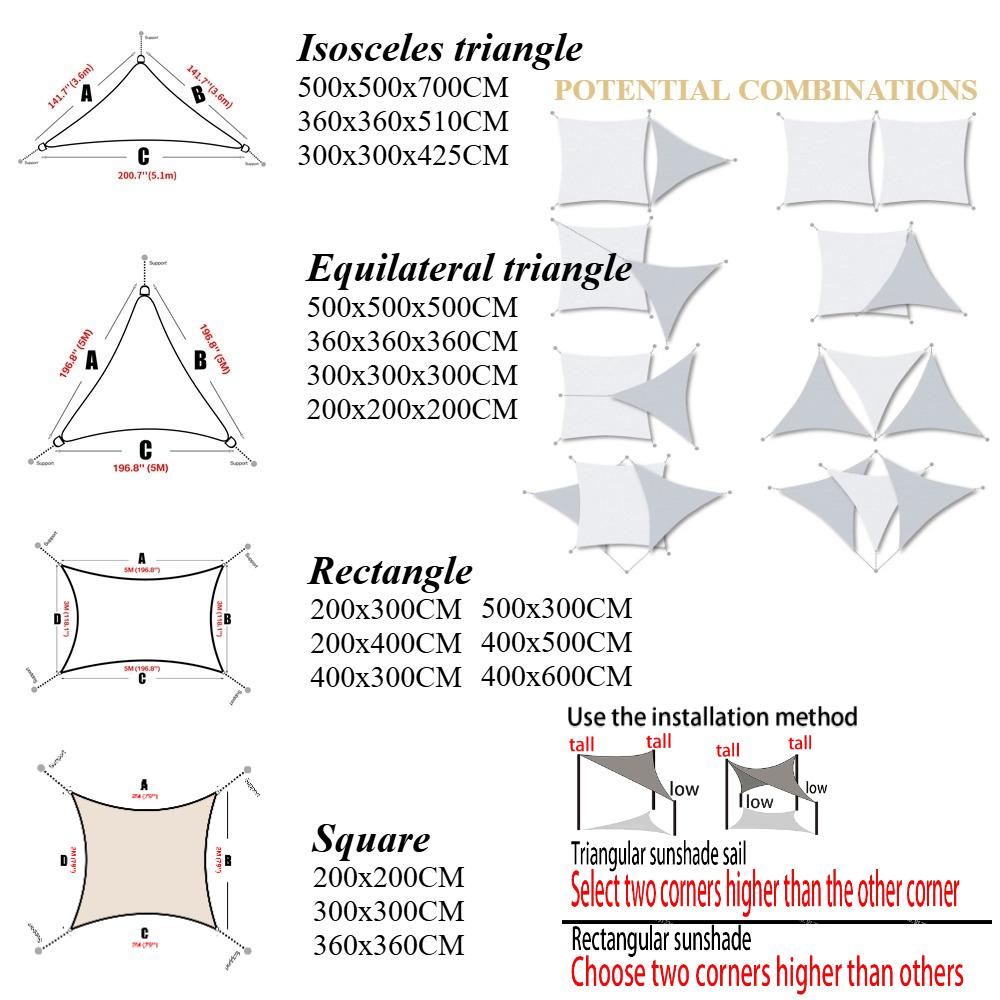Beige Heavy Duty Sun Shade Sail Rectangle Triangle Canopy Cloth Waterproof Awning UV Resistant Carport Patio Outdoor Sunscreen