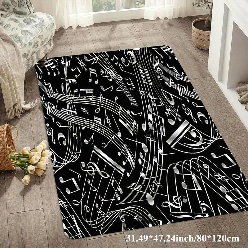 Flannel Printed Music Notes Rug Black White Design Soft Fleece Floor Mat Living Room Carpet Musical Theme Decor Artistic Rugs