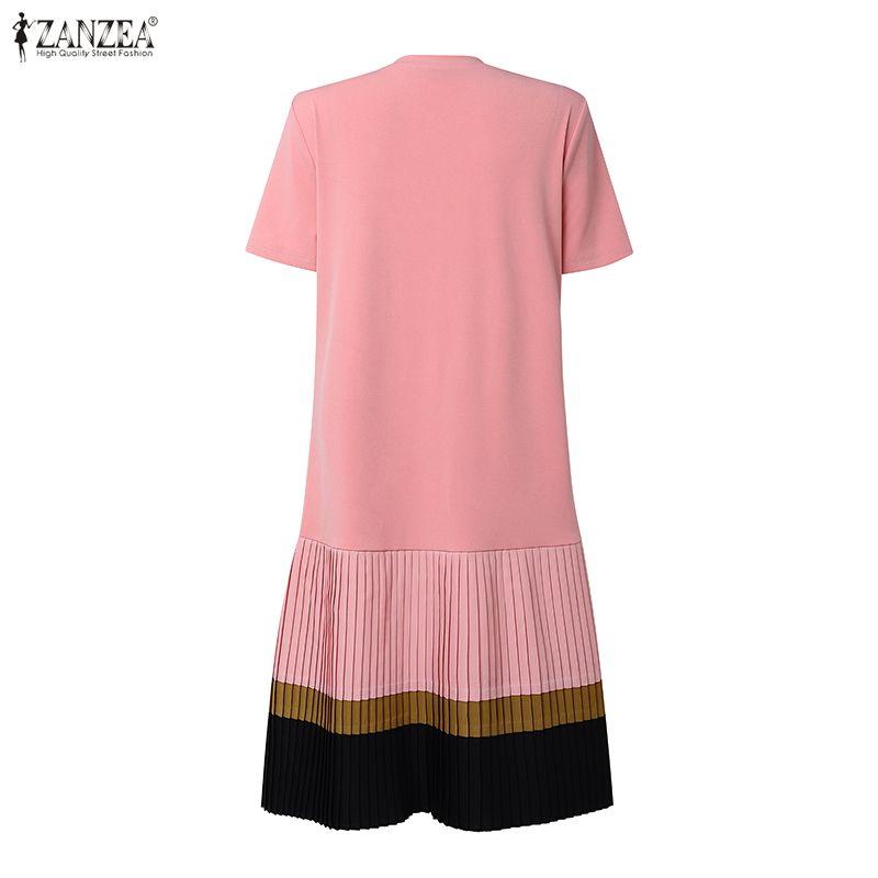 ZANZEA Vestido Casual Feminino de Verão com Gola Redonda e Manga Curta Plissado