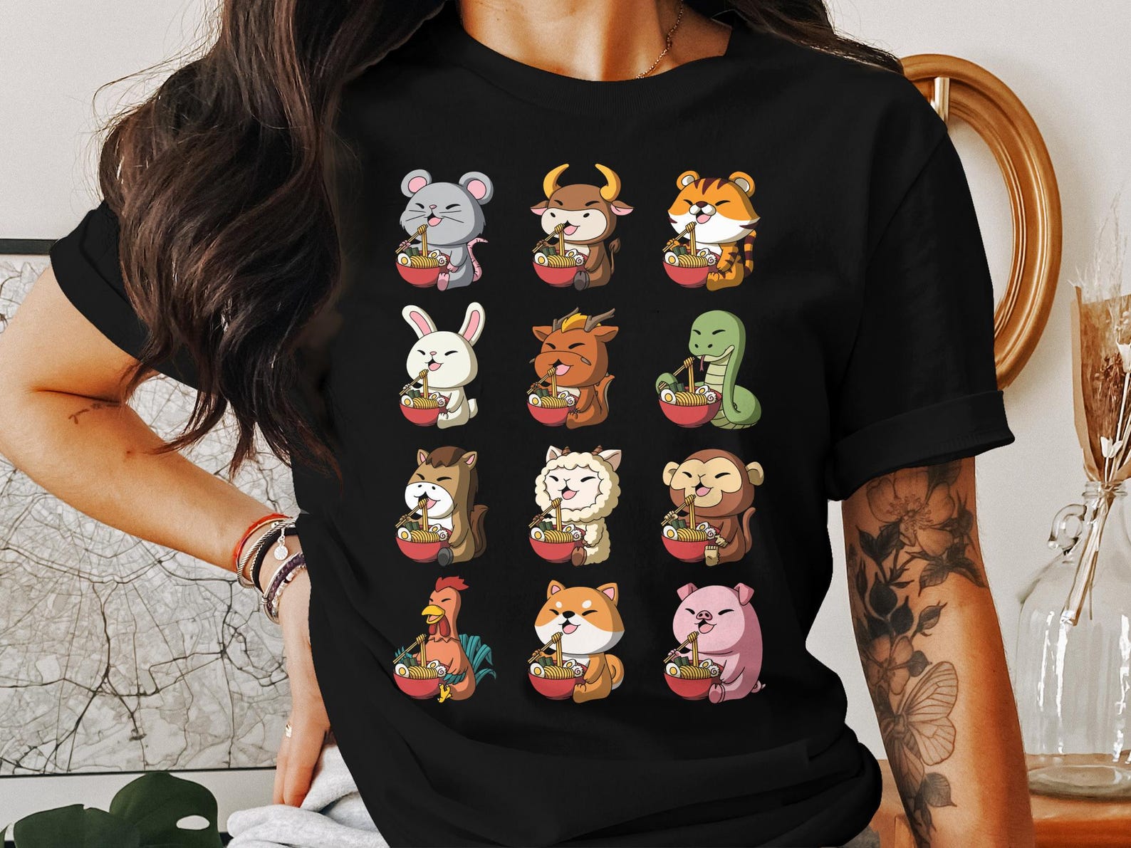 Cute Chinese Zodiac Animals Ramen Noodles T-Shirt, Chinese New Year T-Shirt, Lunar New Year Zodiac Shirt 2XL