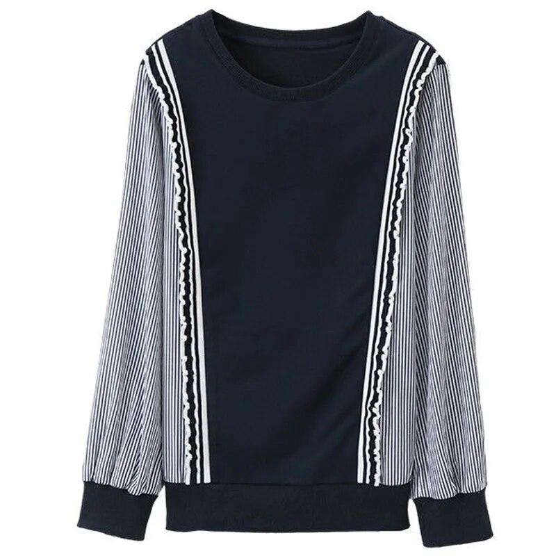 Spring and Autumn Fashion Versatile Slim Stripe Splice Fake Two Piece Long Sleeve Round Neck Loose Reducing Age Women's Sweater