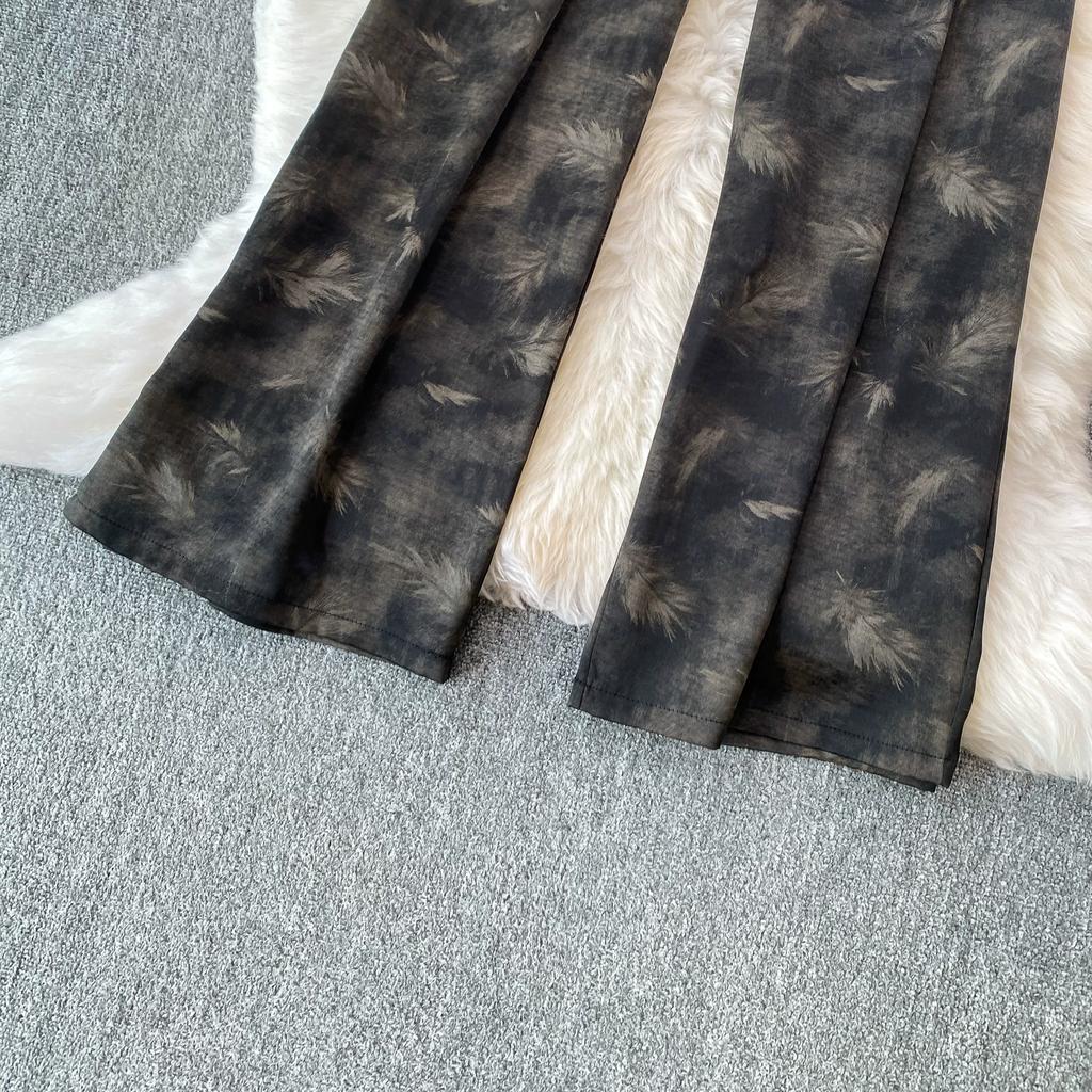 High Quality Ink-wash Acetate Satin Tie-Dye Rayon Wide-Leg Pants for Women Summer High-Waisted Slimming Loose-Fit Trousers