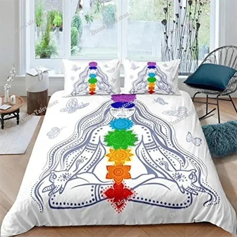 Funda nórdica de meditación de chakras bohemios, juego de cama de yoga con temática relajante, funda de edredón de loto con mandala exótico, decoración para dormitorio tamaño king