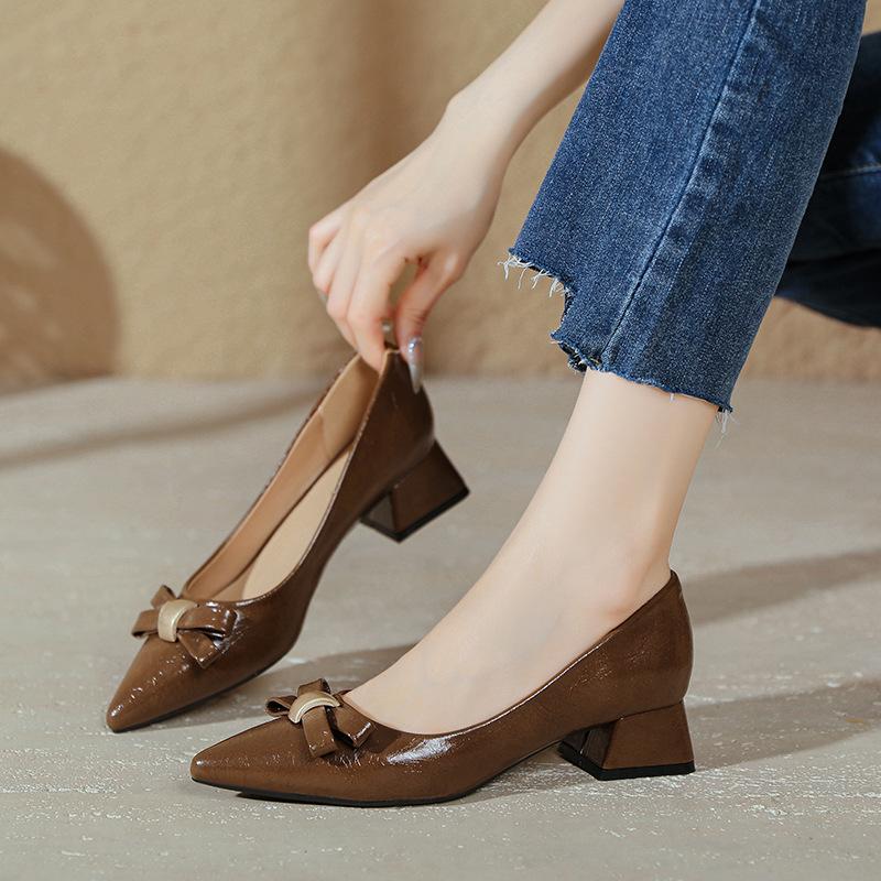 Black Temperament High Heels Thick Heel New Large Size Women's Shoes Soft Leather Bow Pointed Low Heel Single Shoes