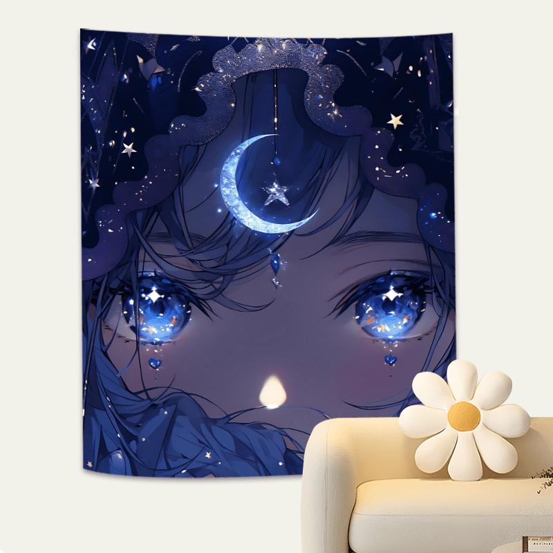 Starry Night Anime Girl Tapestry Vibrant Wall Hanging with Moon and Stars for Bedroom and Living Room Decor Perfect Gift