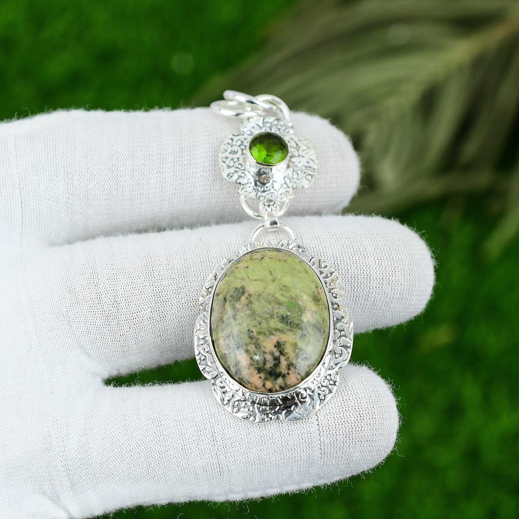Natural Unakite Gemstone Pendant 925 Sterling Silver Indian Jewelry For Women