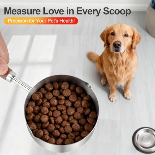 Pet Food Scoop: 1 Cup 304 Stainless Steel Cup with Long Walnut Handle - Precise Scale Dog Cat Food Measuring for Pet Feeding
