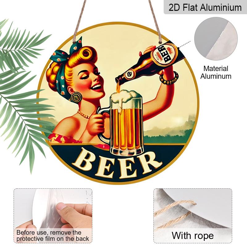2D Flat Aluminum 7.87 Inch X 7.87 Inch Vintage Woman Pouring Beer Style Wall Hanging. Suitable for Bars, Living Rooms, Home Cellars, Kitchens