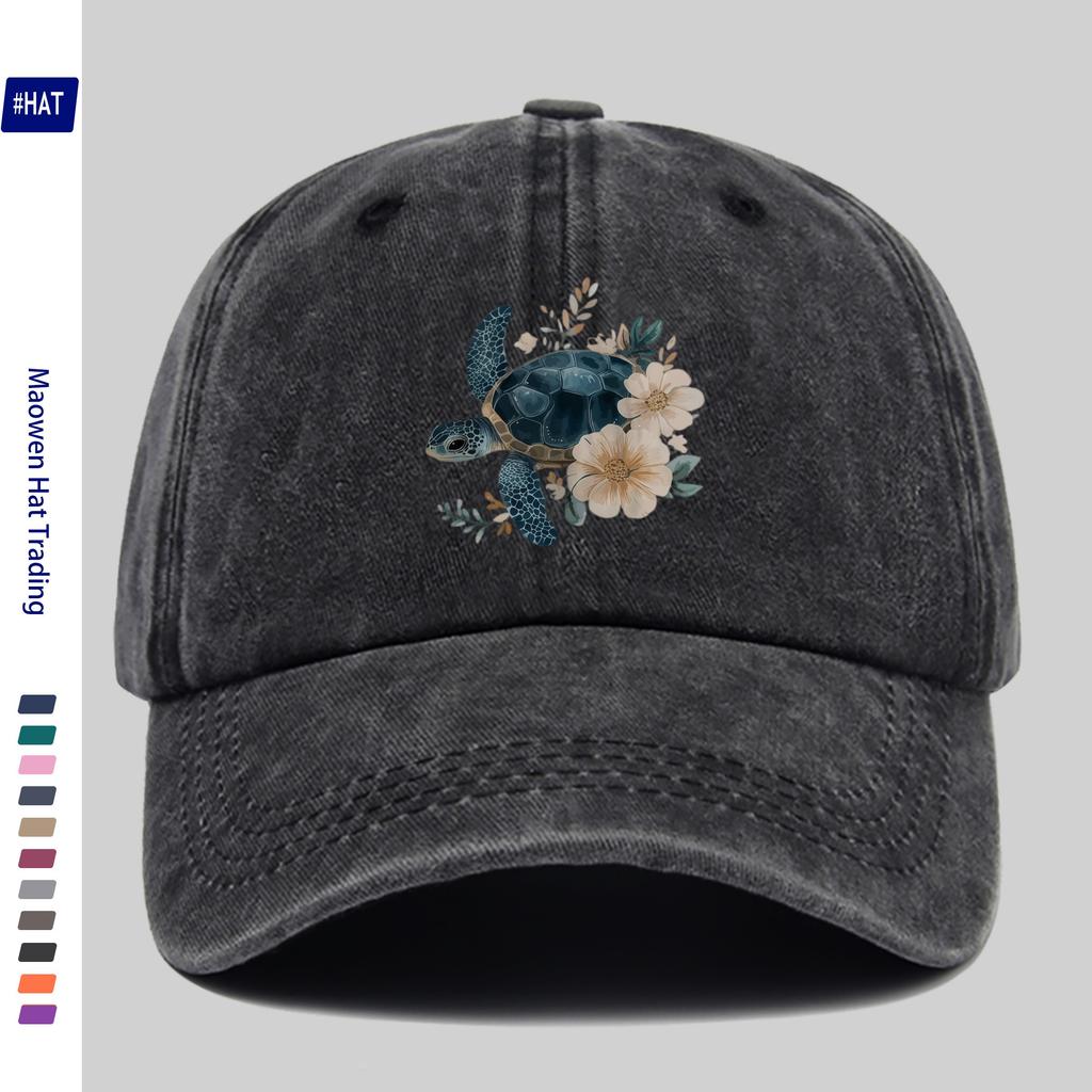 Turtle Floral Baseball Cap Washed Denim Distressed Adjustable Vintage Outdoor Sun Hat