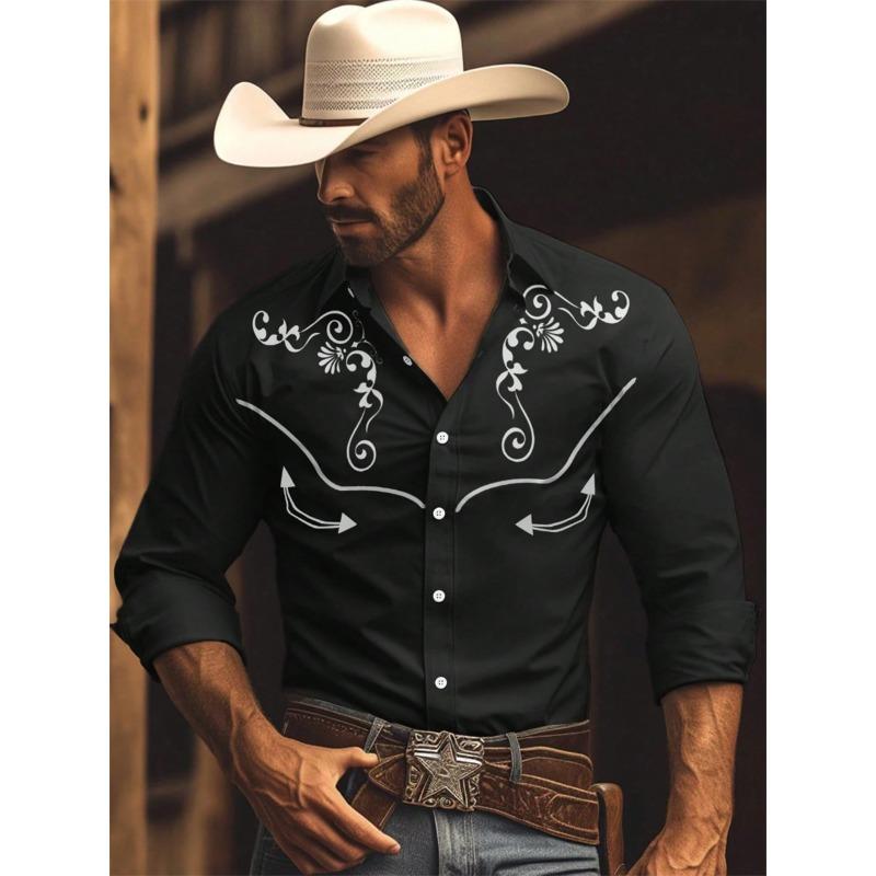 Nuova Camicia da Uomo a Maniche Lunghe, Stile Western Cowboy con Stampa a Fantasia Vintage, Top da Uomo alla Moda a Maniche Lunghe con Collo a Revers.