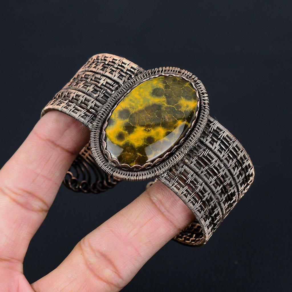 Ozean-Jaspis-Edelstein, reiner Kupferdraht, umwickelt, handgefertigter Manschetten-/Armreif-Schmuck, verstellbar für Sie