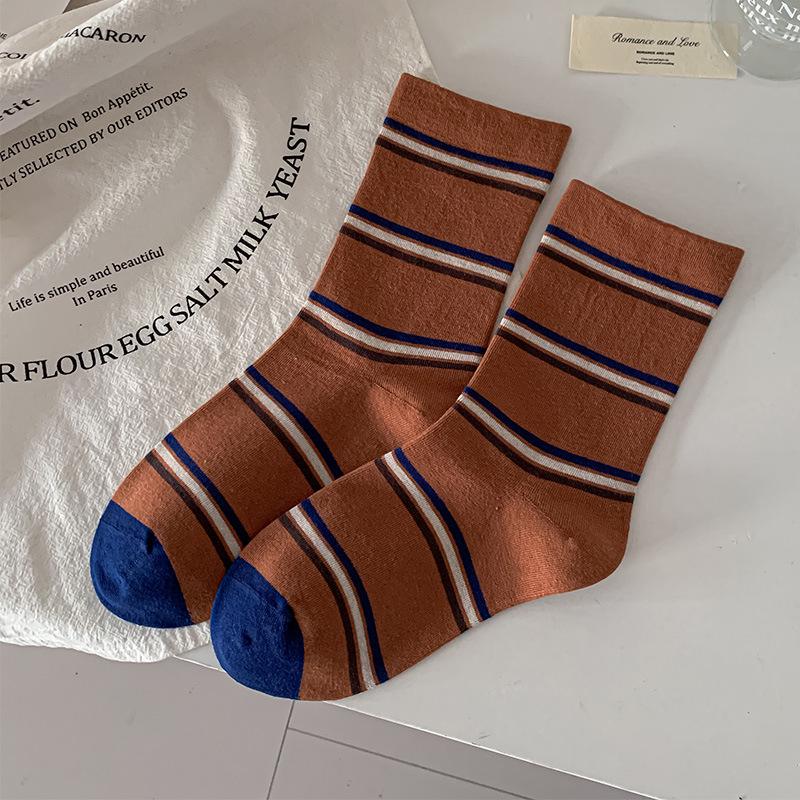 Retro Maillard Coffee Striped Mid-Calf Socks for Women - Autumn/Winter Academic Style Fashion Block Korean Loose Fit.