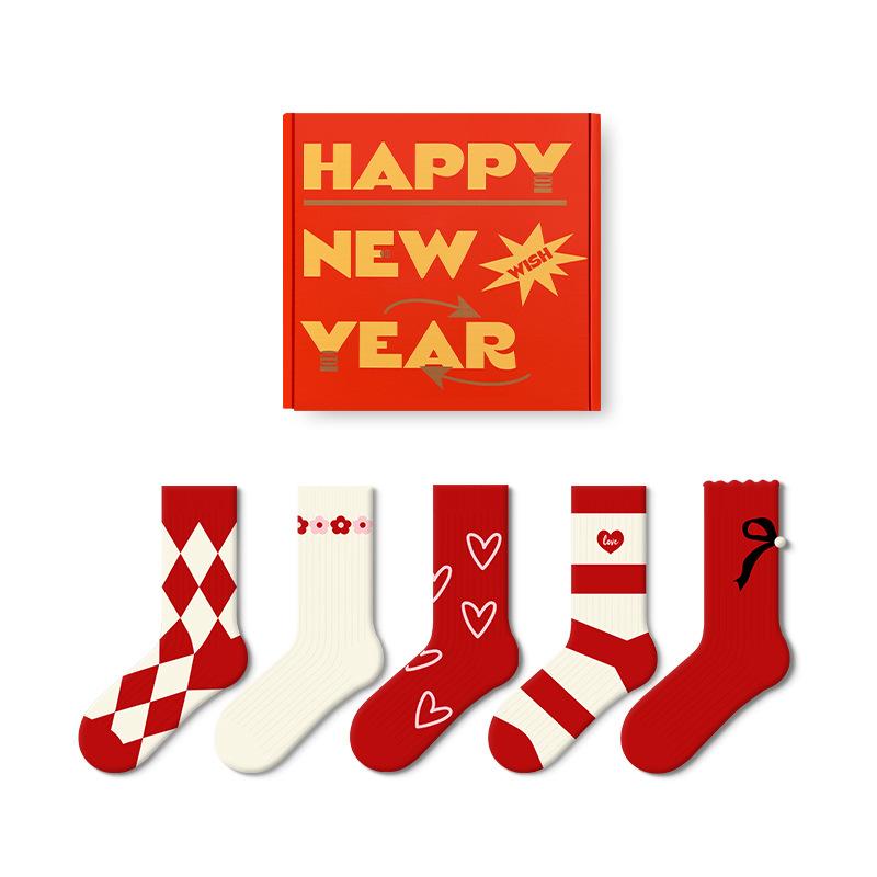 5 Pairs of Female Spring and Autumn Love Embroidery New Year Red Stockings