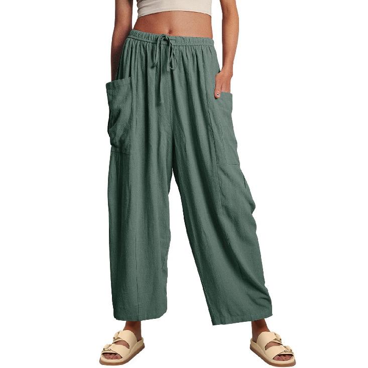2026 Spring/Summer Women's Elastic Waist Pleated Mid-Waist Straight-Leg Loose Casual Cropped Pants