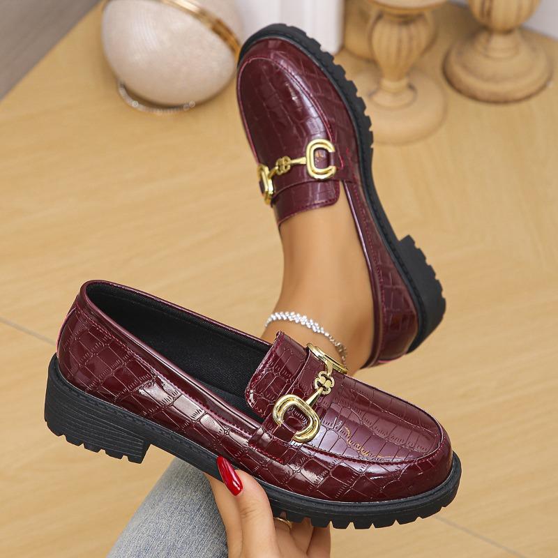

Small Leather Shoes Women s Block Heel Round Toe Metal Buckle Platform Versatile Large Size Loafers 42 коричневий