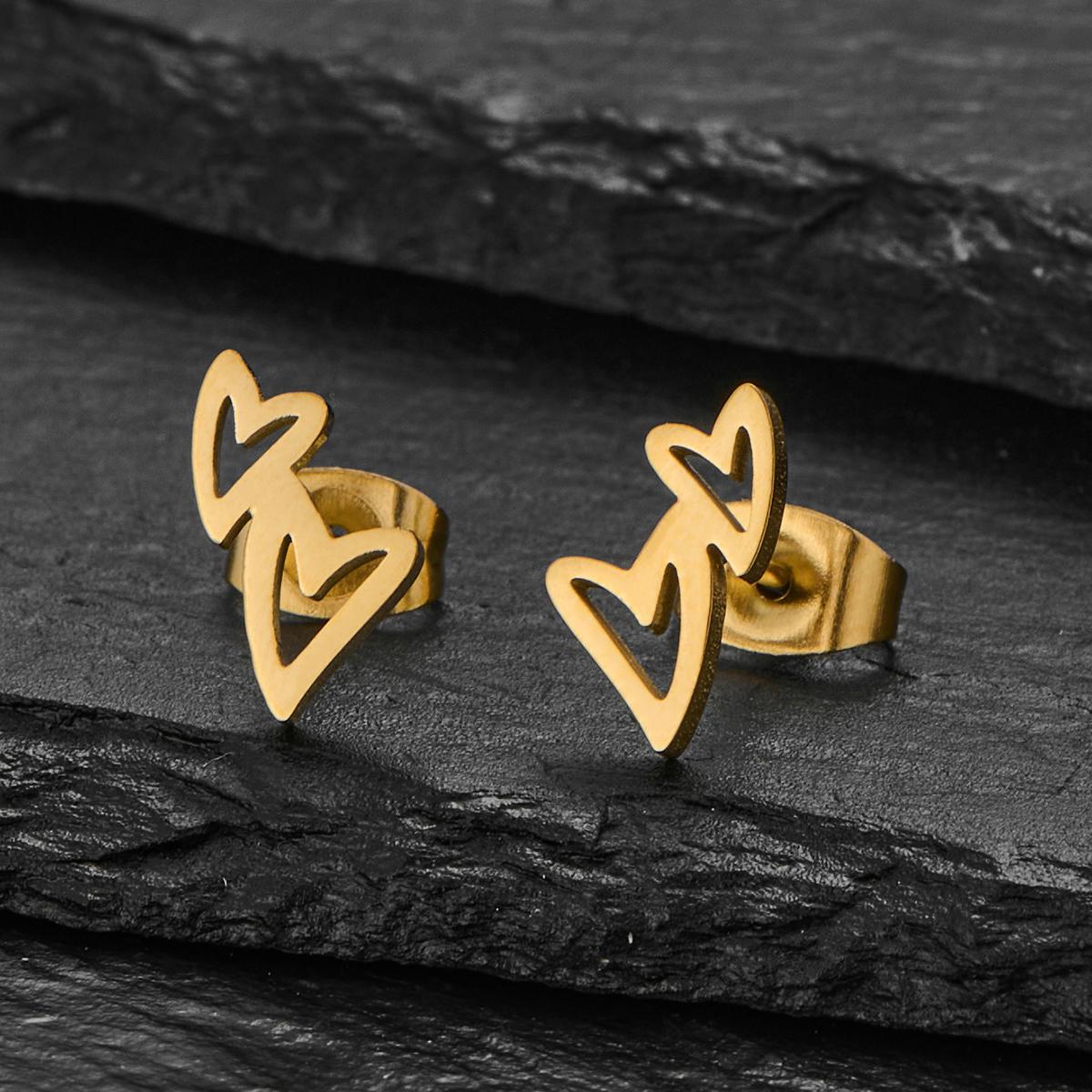 Trendy Minimalist Stainless Steel Mini Double Love Heart Stud Earrings for Women Student Engagement Zircon Valentine s Day Gift