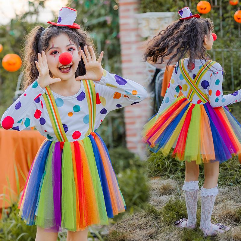 Halloween children's clown costumes mesh stage catwalk dance costumes student rainbow tutu children's clothing girl