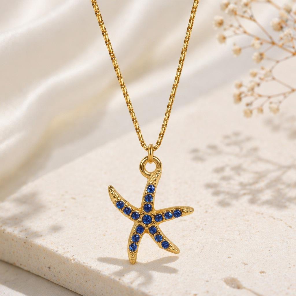 Women's 18K Gold Plated Stainless Steel Necklace with Zircon Inlaid Starfish - European and American Ocean Style
