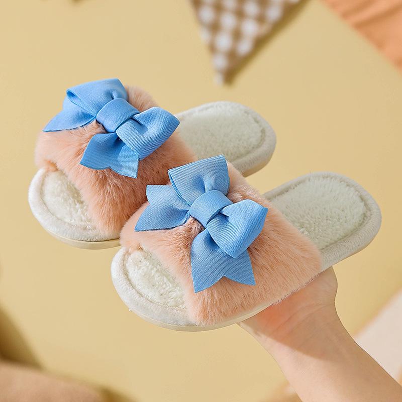 Girls' Winter Warm Plush Swallowtail Bow Cotton Slippers - Soft Sole, Non-slip, Plus Velvet, 2025 Edition