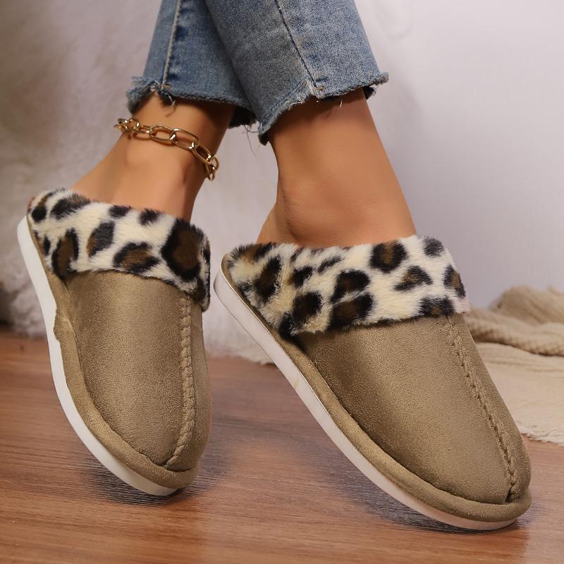 Fashion Leopard Suede Spliced Cotton Slippers Winter New Round Toe Deep Mouth Anti-slip Wear-resistant Soft Sole Flats