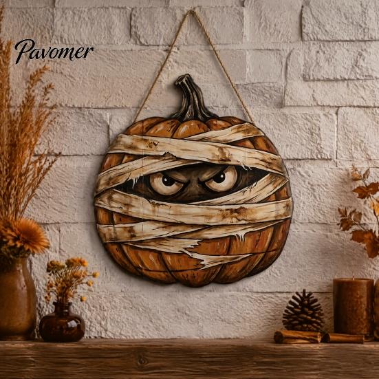 Unique Masked Ghost Decor Halloween Mummy Pumpkin Hanging Sign, Retro Wooden Pendant with Indoor Festival Props Hemp Rope for Front Door Wall Entrance