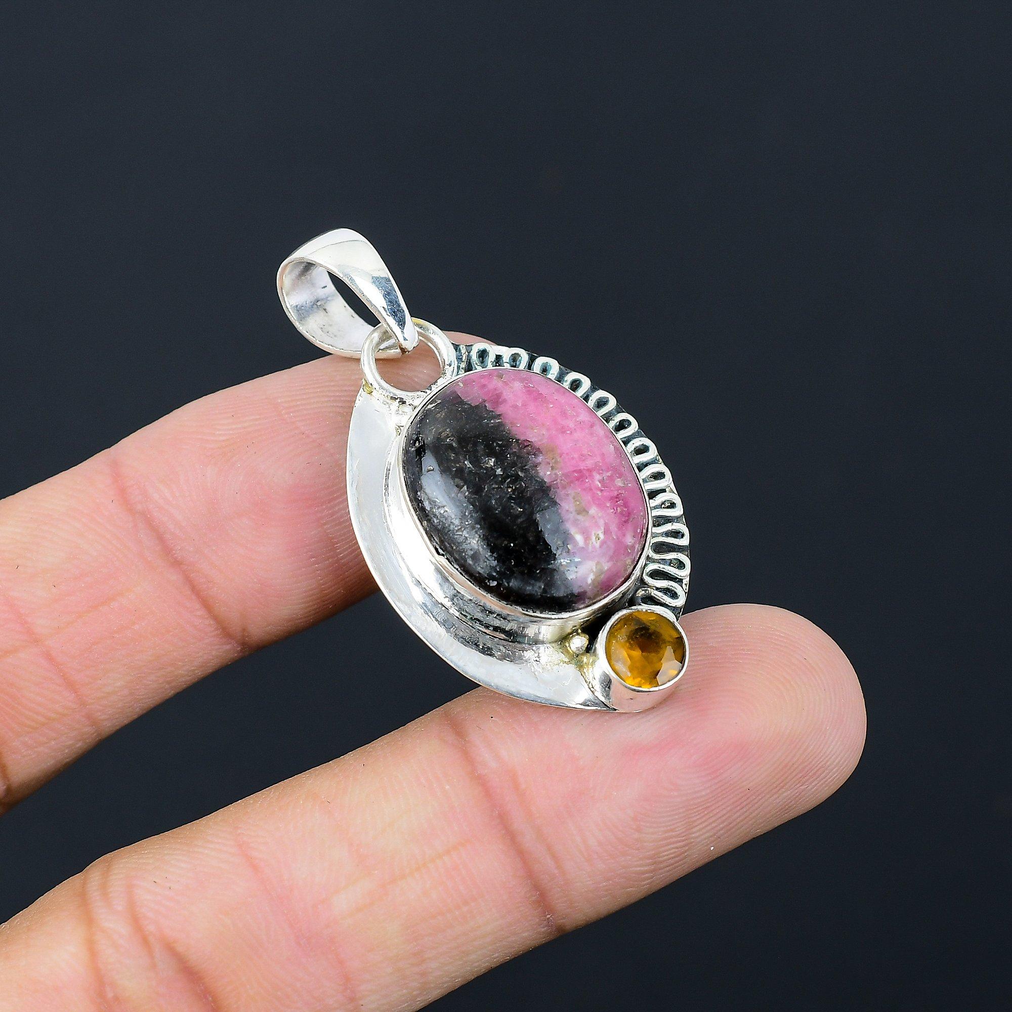 925 Sterling Silver Rhodonite Stone Citrine Heart Chakra Ethnic Pendant Jewelry