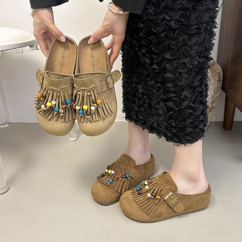 Handmade beaded fringed half-drag summer soft bottom thick bottom small cow anti-velvet bag head slippers