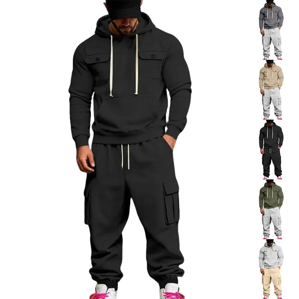 Men's Casual Loose Plus Velvet Outdoor Workwear  Hooded Sweatshirt And Sweatpants Suit