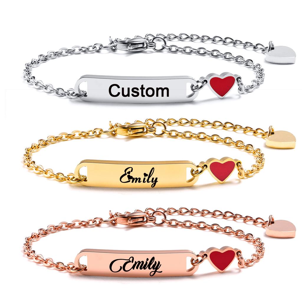 Free Enraving Heart Bracelet Girl Boy , Adjustable Stainless Steel Chain, Personalized Name Date Birthday Gift Not Allergenic