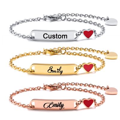 Free Enraving Heart Bracelet Girl Boy , Adjustable Stainless Steel Chain, Personalized Name Date Birthday Gift Not Allergenic