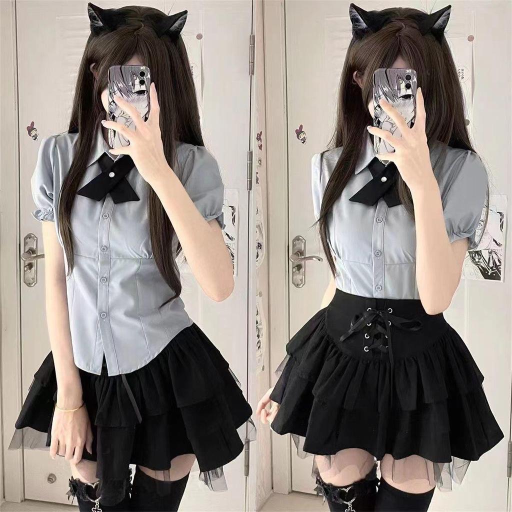 Japanese Academy Style Women's Short-Sleeved Shirt & Fluffy Layered Skirt Set