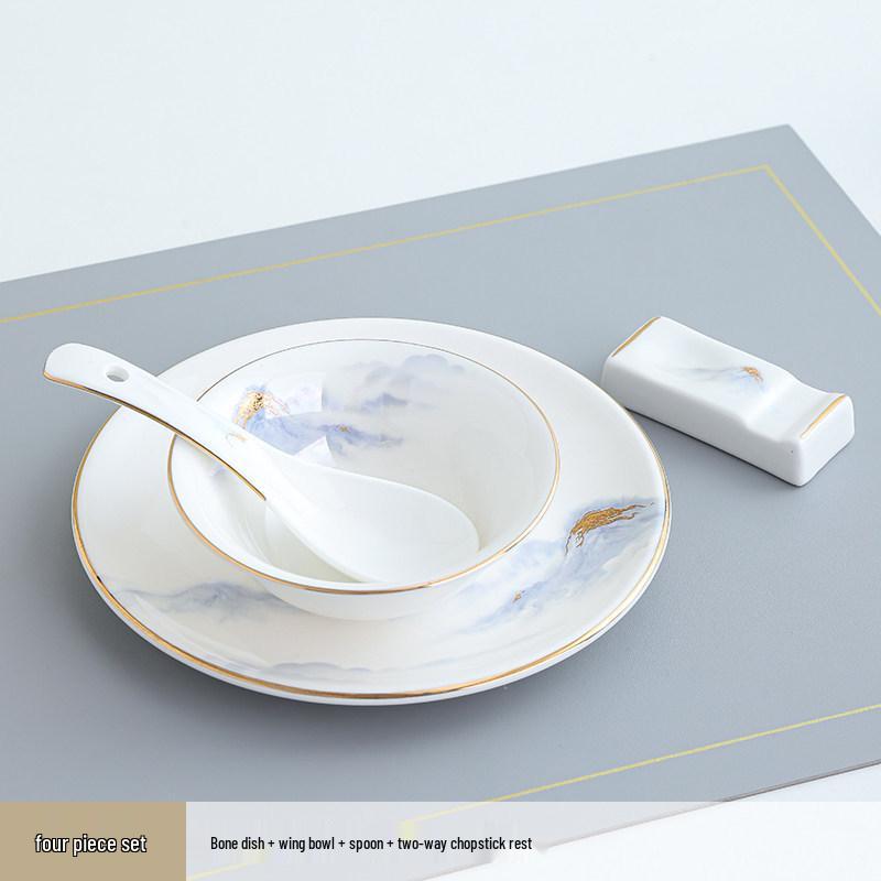 Hotel & Restaurant Gold Rim Ceramic Dinnerware Set - Plates, Bowls, Chopsticks, Spoon (4-Piece)