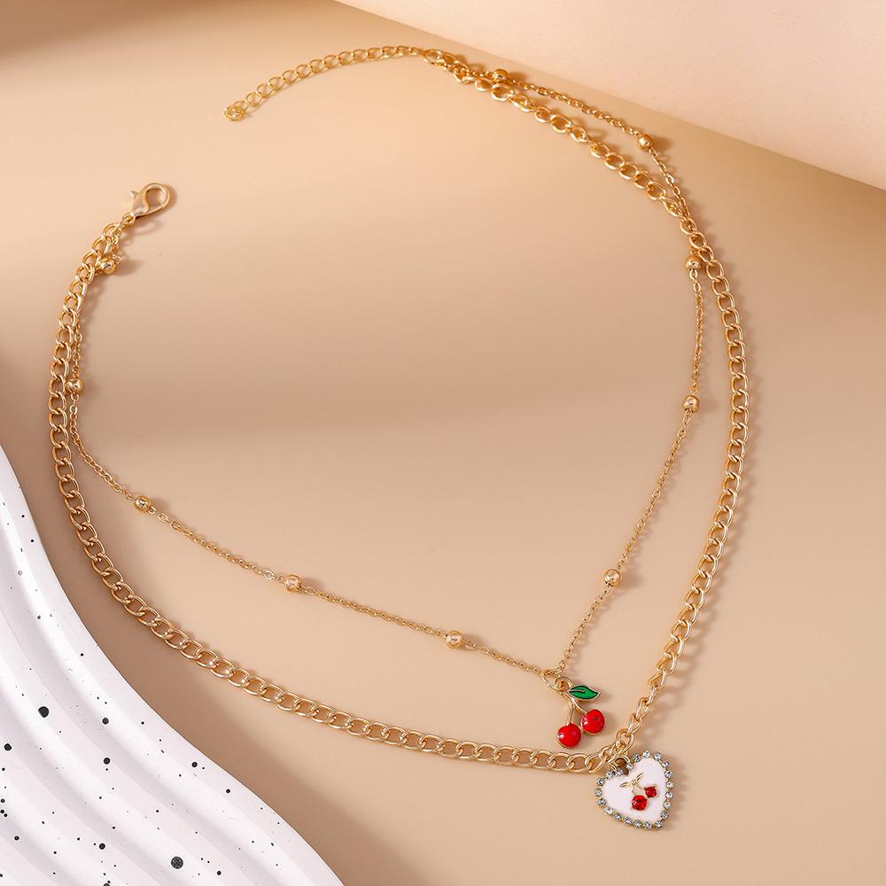 Cute Multi Layer Lover Heart Necklaces for Women Girls Cherry Pendant Necklace Chain Party Holiday Jewelry Gift