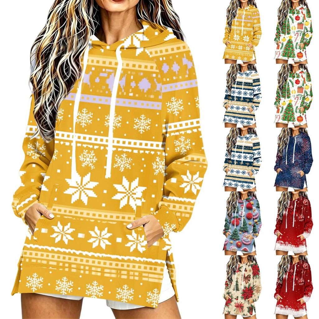 Women's Casual Christmas Print Long Sleeve Hooded Sweatshirt Top
