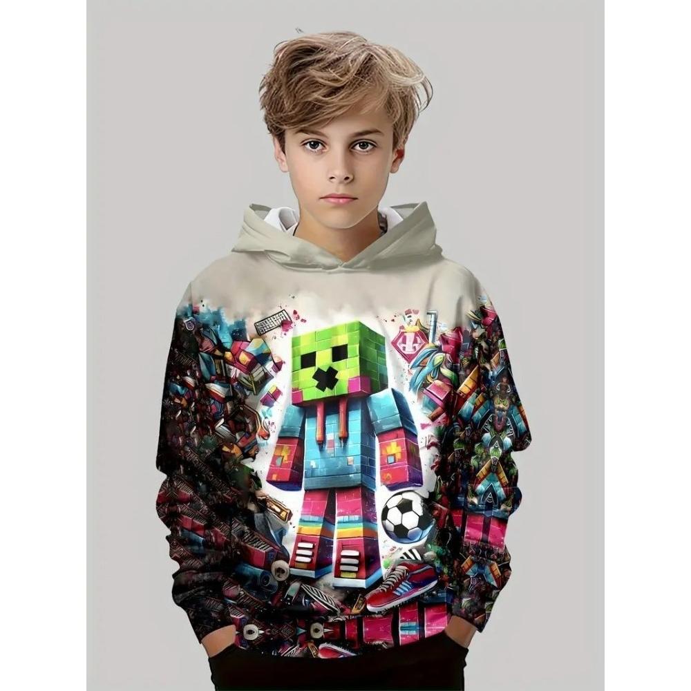 Children's Cartoon Pixel Drawing 3D Digital Printing Boy's Personalized and Fashionable Hooded Sweatshirt