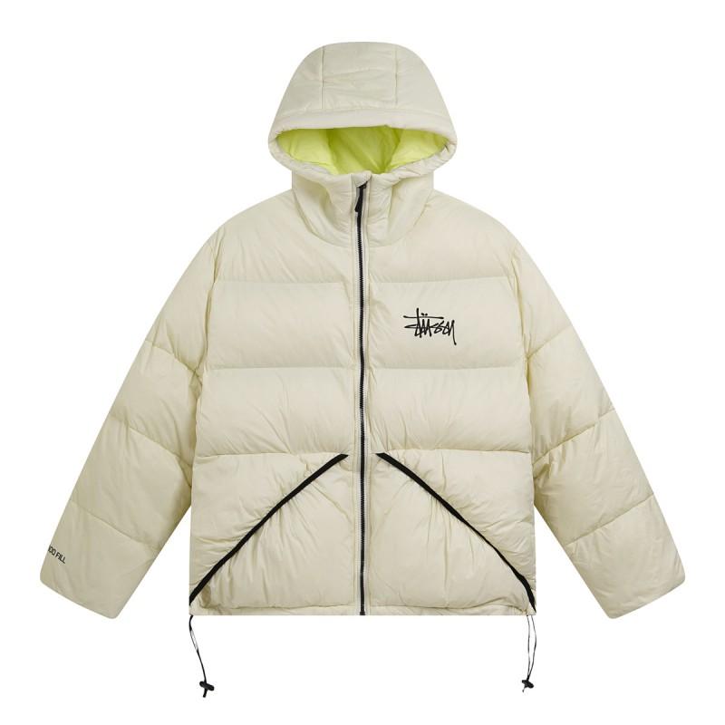Unisex Kapuzen-Pufferjacke Baumwollfüllung Warmer Wintermantel Lockere Passform Reißverschluss vorne Bestickt Einfarbige