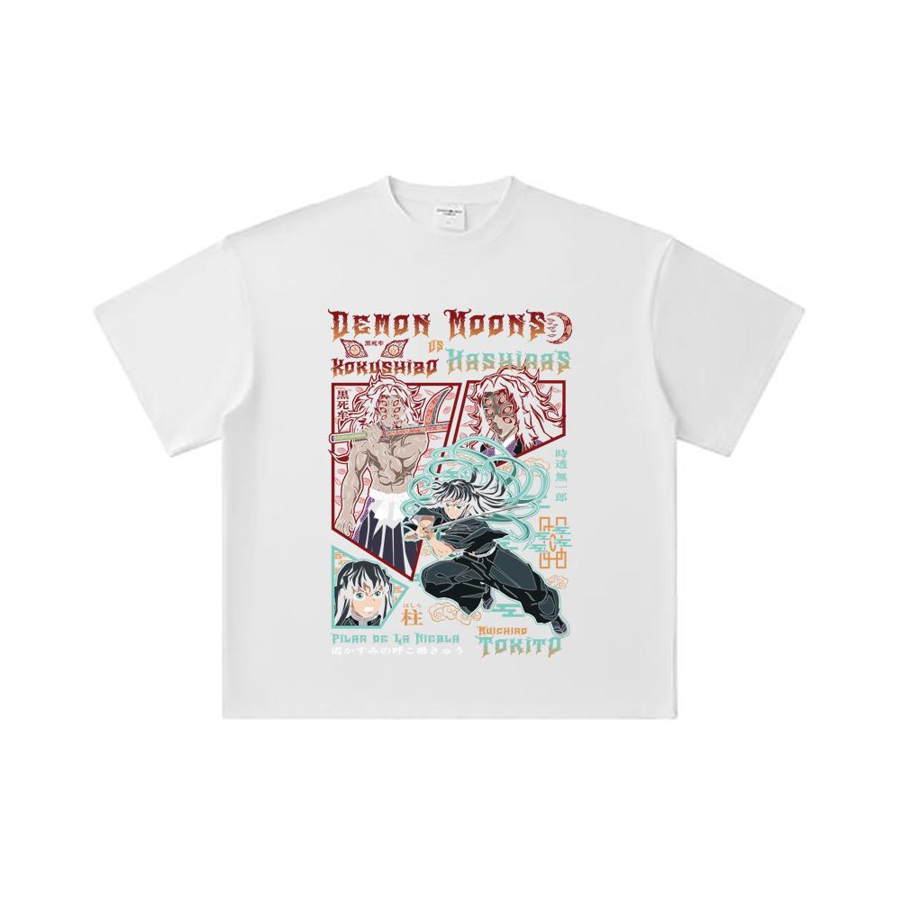260 GSM Double Yarn 32 Count 100% Cotton Demon Slayer V93 Kokushibo x Tokito Print Unisex Heavy Cotton T Shirt