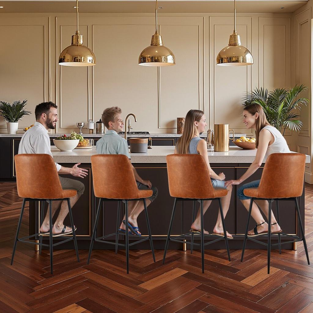 Bar Stool Set of 4, 68cm Counter Height Stools, Modern PU Leather Counter Barstool with Backrest, Metal Legs, Easy Assembly Armless Bar Chair, Island