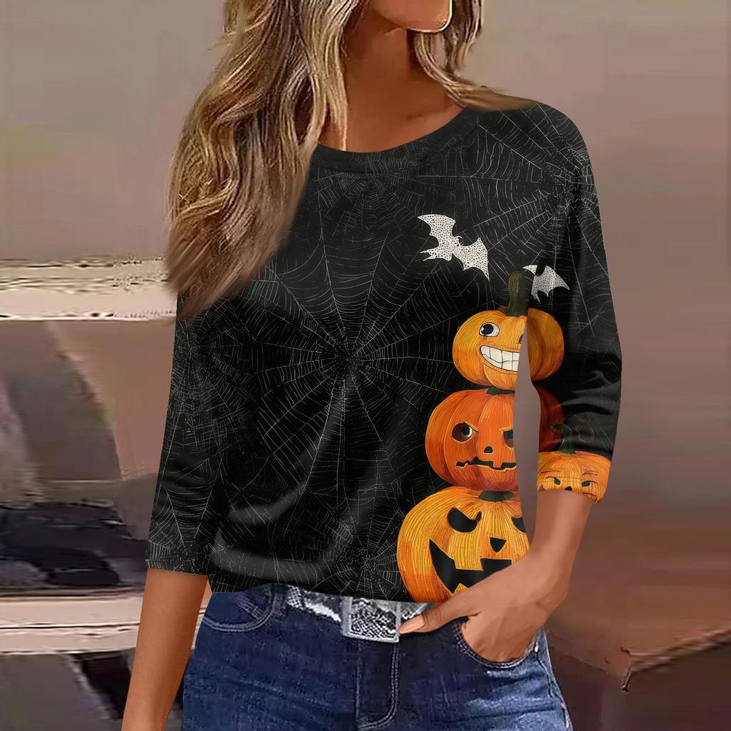 Women's Halloween Print T-Shirt Loose Fit Round Neck Three Quarter Sleeve Casual Shirt with Pumpkin and Bat Design for Seasonal Wear