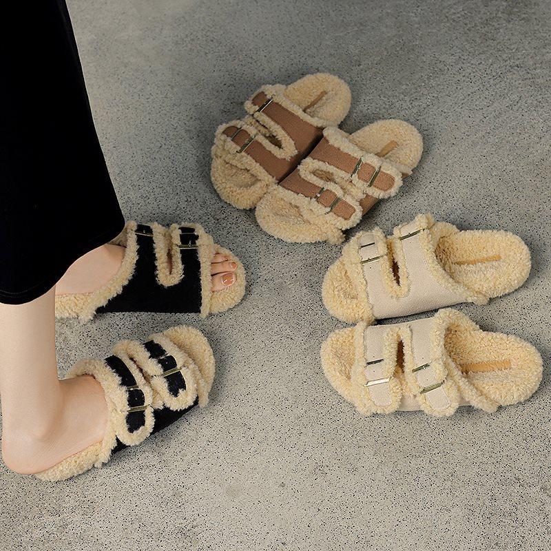 Child Shoes 2025 Belt Buckle One-word Slippers Women's Outer Wear Mao Mao Shoes Casual Boken Home Cool Slippers New Autumn and Winter